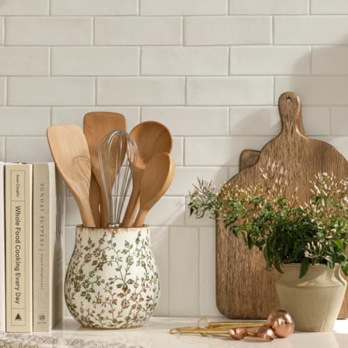 JIEMEI HOME Kitchen Utensil Holder, 6.3" Ceramic Rustic Utensil Crock for Countertop, Farmhouse Cooking Tool Organizer, Spatula Holder For Kitchen Decor, Green and Brown Floral 7