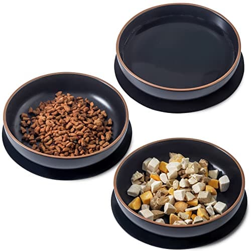 Howise 6 inch Ceramic Cat Bowls with Non-Slip Mat | 6inch Cat Dishes for Food and Water Set | 3 Wide Shallow Cat Food Bow | Pet Kitten Bowl Cat Dish for Indoor Cat Kitty Bowl, Black