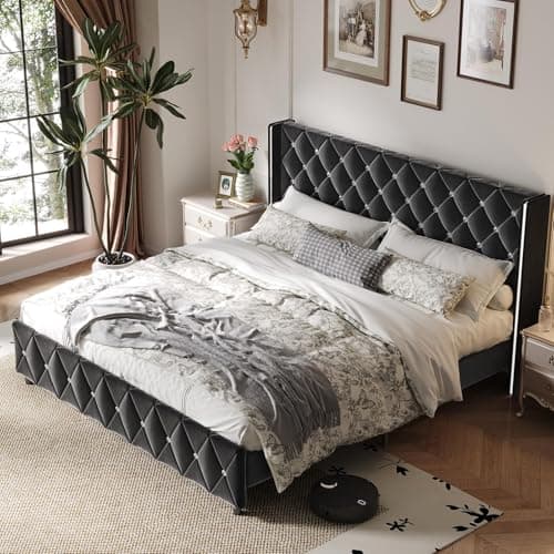 HOMBCK King Size Bed Frame Black, Velvet Upholstered Bed Frame King with Diamonds Tufted Headboard and Footboard, Wooden Slats Support, No Box Spring Needed, Easy Assembly, Black 8