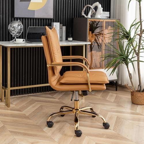 DRKAT Leather Home Office Desk Chairs Comfy Office Chair, Mid-Back Adjustable Swivel Computer Chair with Golden Legs and Arms, Modern Upholstered Task Chair with Wheels, Camel 7