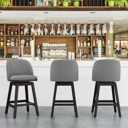 Cozyman Swivel bar stools Set of 3, 26" Performance Fabric Upholstered Counter Height Bar Stools with Back, Solid Wood Legs with footrest, Retro Nailhead Trim Barstools for Kitchen Island, Grey