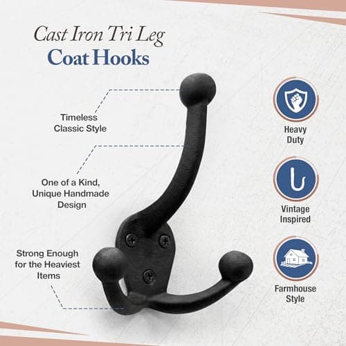 Cast Iron Tri Leg Coat Hooks (5 Pack) Wall Mounted Farmhouse, Decorative, Rust Proof for Exterior or Interior Wall Hooks, Vintage Hooks for Hanging Coats, Bags, Hats, Towels etc (Black) 7