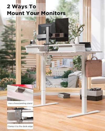FiCiHi 35x20 Inch Standing Desk with Drawers, C-Clamp Mount Compatible, Electric Adjustable Height Computer Small Stand Up Desks, Home Office Sit Stand Table with 3 Preset Heights, White 6