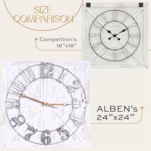 ALBEN Large Farmhouse Wall Clock - 24 inch Square Farmhouse Style Clock Bundled with Decorative Reversible Wooden Sign 7