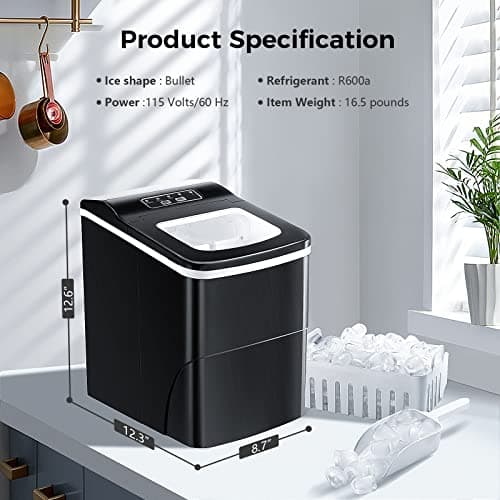 AGLUCKY Ice Makers Countertop with Self-Cleaning, 26lbs/24hrs, 9 Cubes Ready in 6 Mins, Portable Ice Machine with 2 Sizes Bullet Ice/Ice Scoop/Basket for Home/Kitchen/Office/Bar/Party, Black 8