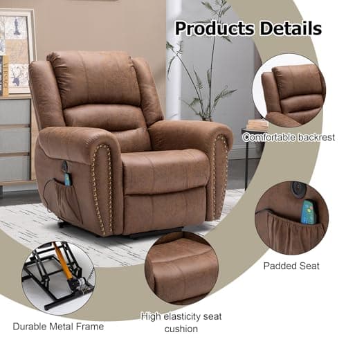 Phoenix Home Large Power Lift Recliner Chairs with Massage and Heat for Elderly, Heavy Duty Electric Faux Leather Reclining Chairs with USB Port and 2 Side Pockets, Brown 5