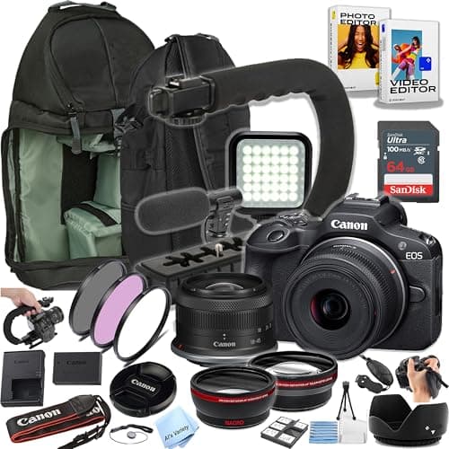 Canon EOS R100 24.2MP Mirrorless Camera with 18-45mm Lens, 64GB Ultra Memory Card, Video Light, Microphone, Filters, U-Grip, Case, Lenses, Software and More (Content Creator Bundle) (Renewed)