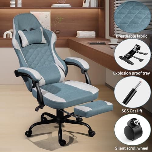 Gaming Chair with Footrest for Adults - Ergonomic Gaming Chairs with Foot Rest - Big and Tall Computer Game Chair - Fabric Reclining Video Game Chairs with Spring Cushion - Blue/Light Grey 7