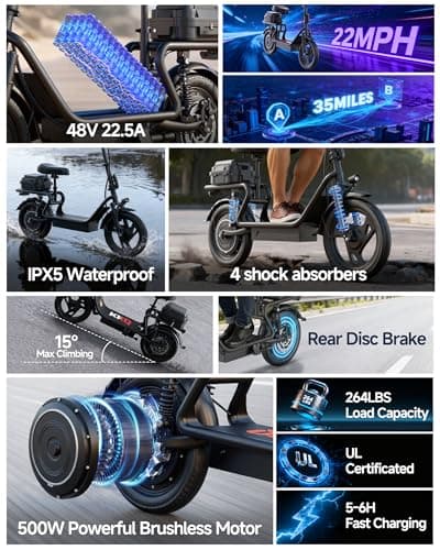 KEQ Electric Scooter Adults with Seat, 48V 22.5AH Foldable Escooter 14" Tires 500W Motor 22MPH 35Miles Long Range and Disc Brake 350lbs Max Load Dual Shock Suspension Wide Deck Rear Box 7