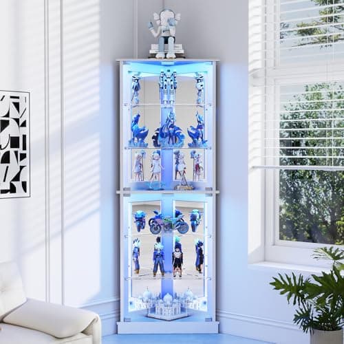 Lamtor 72" Corner Display Cabinet with Glass Doors, 6-Tier Showcase Curio Cabinet for Collectibles with Dynamic LED Lights, Modern Display Case for Living Room, White 9