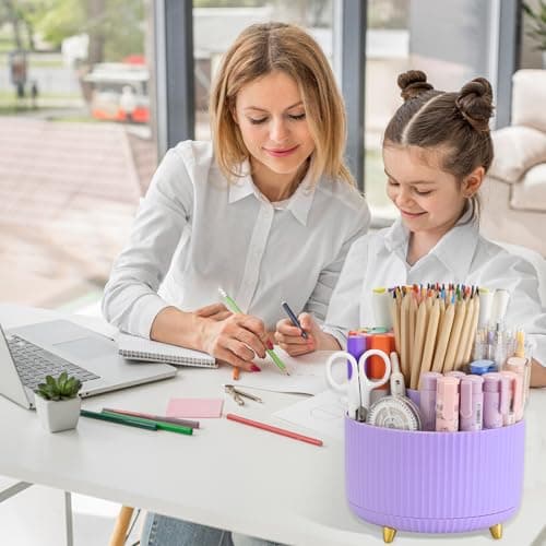 Camelmother Pen Holder For Desk With 5 Slots 360°Rotating Pencil Holder Makeup Organiezr Teacher Supplies Office decor (purple) 6