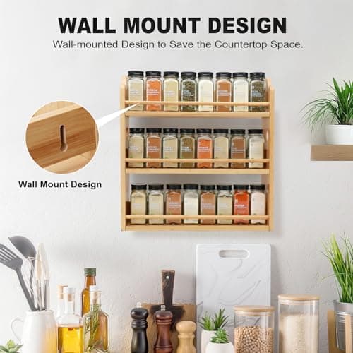 Thalomely 3 Tier Bamboo Spice Rack, Spice Rack Organizer, Seasoning Jars Rack Shelf Spice Organizer for Kitchen Counter or Wall Mounting, Spice Storage Holder with handles, Jars Not Included,Natural 5