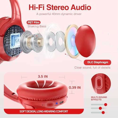 MIDOLA Bluetooth Headphones Over Ear 68H Playtime 6 EQ Wireless Headset with Microphone HiFi Stereo Foldable Lightweight Deep Bass for Travel Home Office Cellphone Red 5