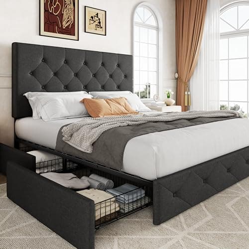 Allewie Upholstered Queen Size Platform Bed Frame with 4 Storage Drawers and Headboard, Diamond Stitched Button Tufted, Mattress Foundation with Wooden Slats Support, No Box Spring Needed, Dark Grey