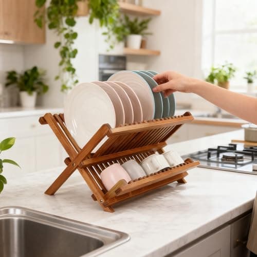 Utoplike Teak Dish Drainer Rack Collapsible 2 Tier Dish Rack Dish Drying Rack Foldable Plate Organizer Holder for Kitchen Compact Countertop 5