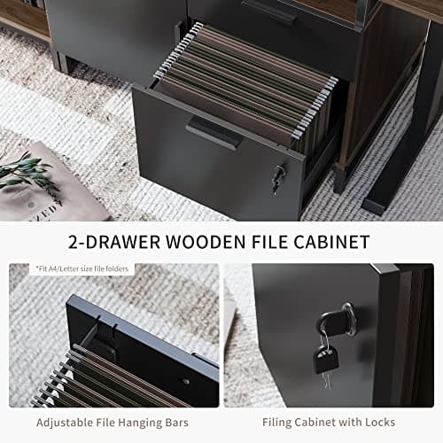 FEZIBO 66 Inch Executive L Shaped Standing Desk with 2-Drawer File Cabinet, Electric Height Adjustable Stand up Desk, Home Office Modern Wood Computer Desk with Shelves, Black Frame/Dark Walnut Top 5