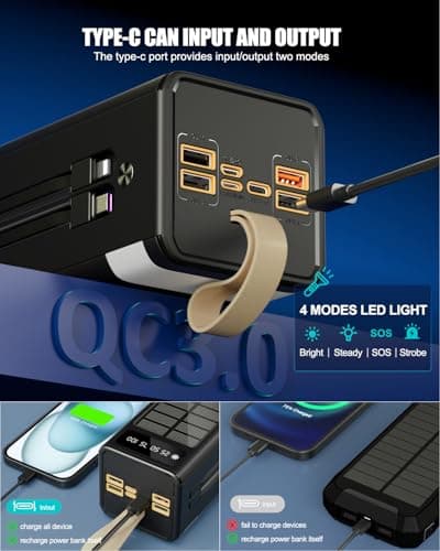 90000mAh Power Bank 35W Fast Charging with Solar Charger,Built-in USB-C/Lightning Cables High Capacity Portable Charger for Camping,Travel,Emergencies,Tech Devices| 9-Port PD/USB-C, LED Flashlight 6