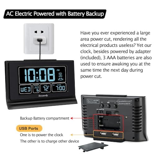 DreamSky Alarm Clocks for Bedrooms with Battery Backup, Auto Set Digital Clock with Date and Day of Week, Temperature, USB Port, Auto DST, Dimmer, 12/24H 5