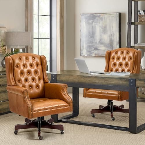 ECOTOUGE Tufted Office Chair, Faux Leather Executive Desk Chair w/High Back & Nail Head Trim, Ergonomic Wingback PC Chair for Home, Office and Living Room, Brown 7