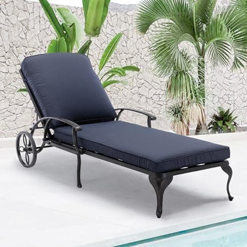 HOMEFUN Outdoor Chaise Lounge Chair with Cushion - Poolside Set of 1 Chair for Outside Cast Aluminum Waterproof Lounger with Wheels and Adjustable Reclining (Navy Cushion)