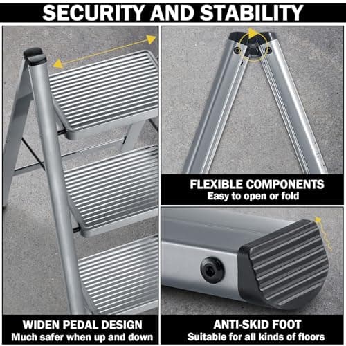 XinSunho 4 Step Ladder, Folding Step Stool with Anti-Slip Wide Pedal, Portable Sturdy Steel Ladder 4 Steps, 330lbs Safety Kitchen & Household Ladder 6