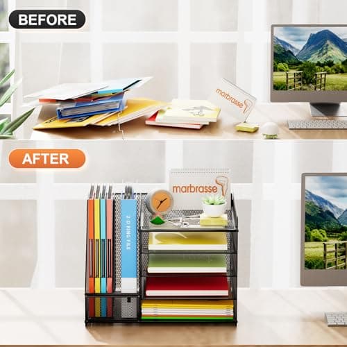 Marbrasse Desk Organizer with File Holder, 5-Tier Paper Letter Tray Organizer, Mesh Desk Organizers and Accessories with Magazine Holder, Desktop Storage for Office Supplies (Black) 7