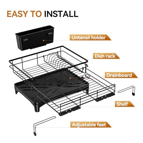 Laveshop Dish Drying Rack - Expandable Rack, Large Capacity Dish Drainer for Kitchen Counter, Rust-Proof with Utensil Holder, Black 5