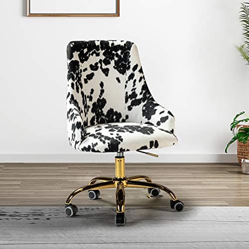 TINA'S HOME Upholstered Desk Chair Modern Armless Office Chair with Wheels, Adjustable Swivel Fabric Task Chair for Living Room, Bedroom, Vanity Room(Gold Base, Black) 8