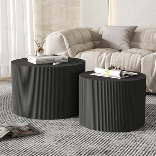 Furnivado Black Round Coffee Table Set of 2, Modern Wooden Nesting Coffee Tables for Living Room, No Assembly Required Circle Side Tables Set Accent End Table for Bedroom, Balcony