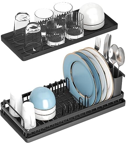 CHLORYARD Small Dish Drying Rack, Compact Sink Dish Drainer Plate Organizer with Utensil Holder and 2pcs Silicone Drying Mats for Kitchen Counter, RVs, Apartments