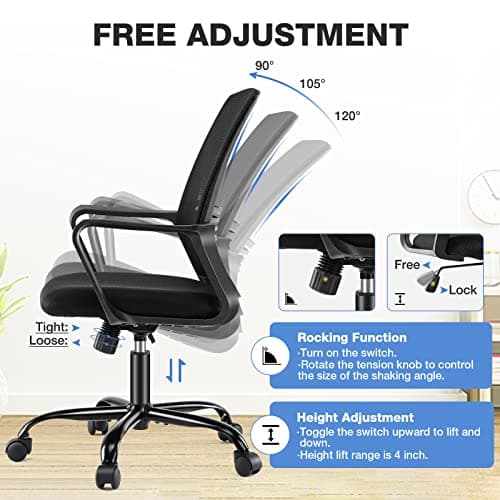 Office Chair - Ergonomic Office Chair Mid Back Office Desk Chair with Wheels Computer Chair with Lumbar Support Home Office Chair with Armrests for Adults, Black 6