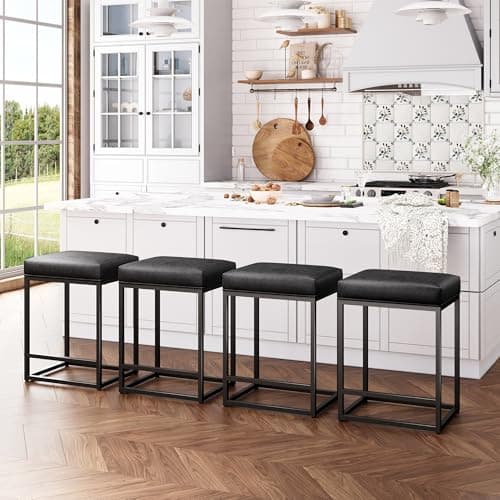 ALPHA HOME 24 Inch Counter Height Bar Stools Set of 4, Upholstered Bar Stools for Kitchen Island, Counter Stools with Faux Leather Cushion and Sturdy Metal Frame, Modern Barstools, Black