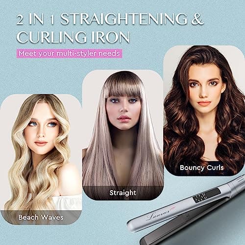 LANVIER Hair Straightener Flat Iron, 2 in 1 Hair Straightener and Curler, Nano Silver Tourmaline Titanium Ceramic Flat Iron, 15s Fast Heating, Rotating Temp Dial, Smart LED, Dual Voltage Hair Styler 6