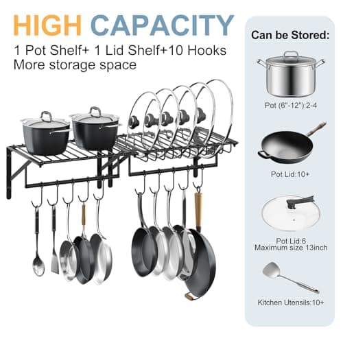 Hongtamoy 2 Packs Wall Mounted Pot Lid Rack Organizer, Hanging Pot and Pan Lid Organizer for Kitchen with 10 Upgrade Hooks, Pot Lid Holder for Cookware,Pans,Utensils Organization, Black 7