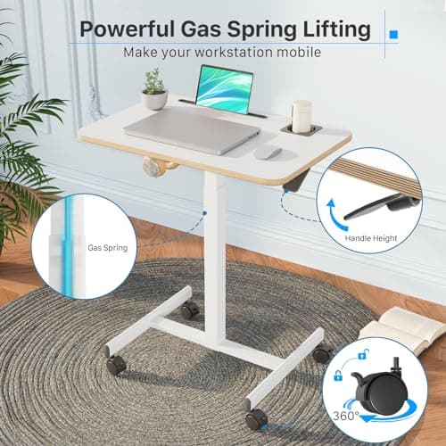 SpaceErgo Mobile Standing Desk, Rolling Laptop Table Adjustable Height with Cup Holder, 28 inch Portable Cart Workstation with 4 Lockable Wheels, White with Hook and Slots for Home Office 5
