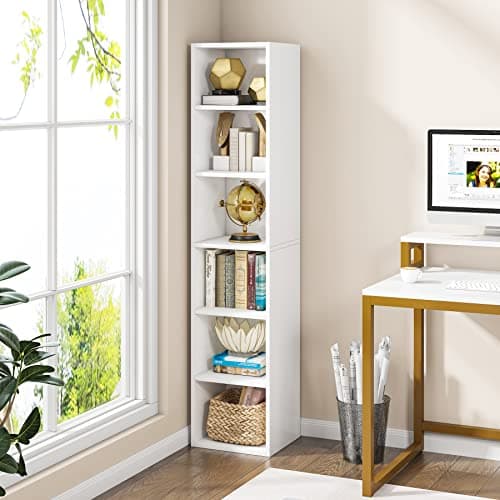 LITTLE TREE 70.9 Inch Tall Narrow Bookcase, Corner Bookshelf 6 Tier Cube Display Shelf Storage Organizer for Small Space, White 5