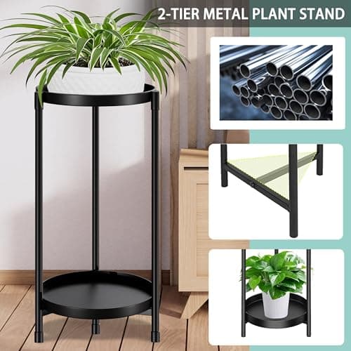 Atpddpey Plant Stand indoor outdoor - 2 Tier black Tall Metal Flower Pot Holder Potted Display Rack - Heavy Duty Corner Plant Shelf for Patio Garden Balcony Living Room Bedroom 4