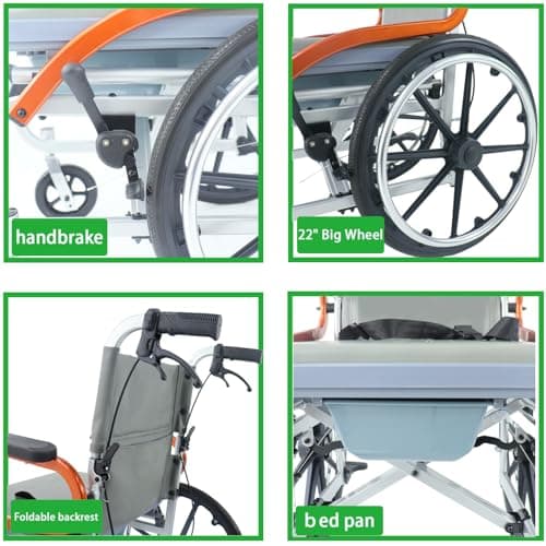 Folding Travel Shower Wheelchair | No Tools Required | 4-in-1 Bedside Commode Bathroom Chair | Flip Footrests | Perfect for Travel Use Black 5