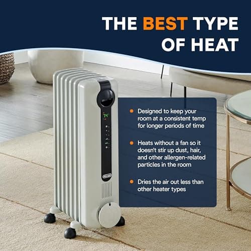 DeLonghi Radia S Oil-Filled Radiator Space Heater, Full Room Quiet 1500W, Adjustable Thermostat, 3 Heat Settings, Digital Timer, ECO Energy Saving Mode, Safety Features, Light Gray, TRRS0715E 5