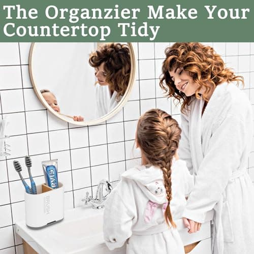 Toothbrush and Toothpaste Holder with Bamboo Divider for Bathroom Countertop Organizer, Detachable for Easy Clean, 2 Slots Electric Toothbrush Holders Storage Caddy Drainage for Family-White 6