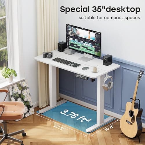 JYLH JOYSEEKER Small Standing Desk, 35" ×20" Electric White Standing Desk, Height Adjustable Compact Sit Stand Workstation with Splice Board, Home Office Desk with 2 Hooks 7