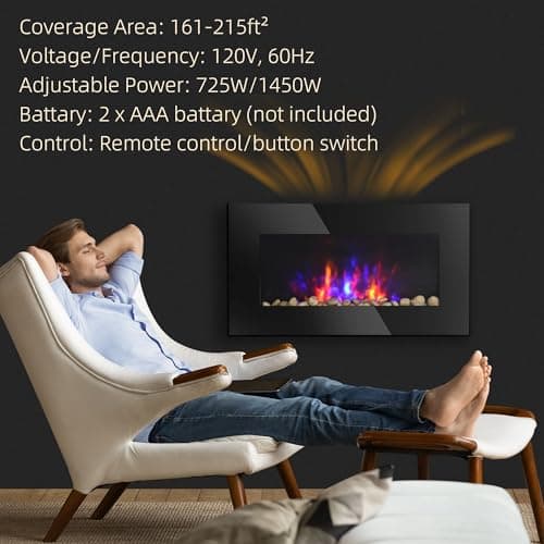 HOMCOM 29" Electric Fireplace, Wall Mounted Fireplace with 7 Adjustable LED Flame Colors, Remote Control, Fireplace Heater for Living Room, 1450W, Black 5