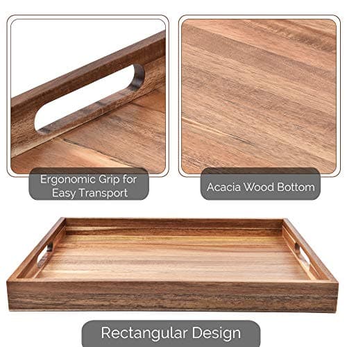 Acacia Wood Serving Tray with Handles (17 Inches) – Decorative Serving Trays Platter for Breakfast in Bed, Lunch, Dinner, Appetizers, Patio, Ottoman, Coffee Table, BBQ, Party –Great for Lap &Couch 7