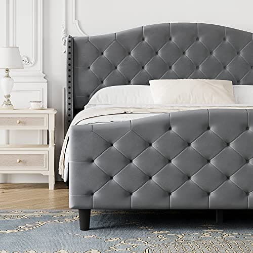 GAOMON Tufted Upholstered Platform Bed Frame with Raised Wing Back Headboard, Mattress Foundation and Wood Slat Support, No Box Spring Needed (Grey, Queen) 6