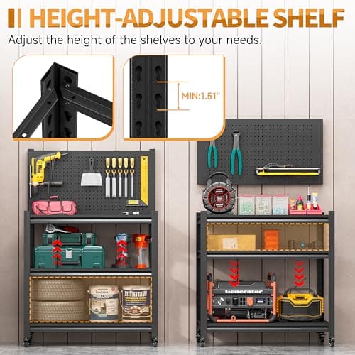 48" H Metal Garage Workbench with Pegboard,3-Tier Roling Tool Work Bench,Adjustable Heavy Duty Work Table on Wheels,Black Mobile Workstation for Garage Warehouse Workshop,Screwless Design 6