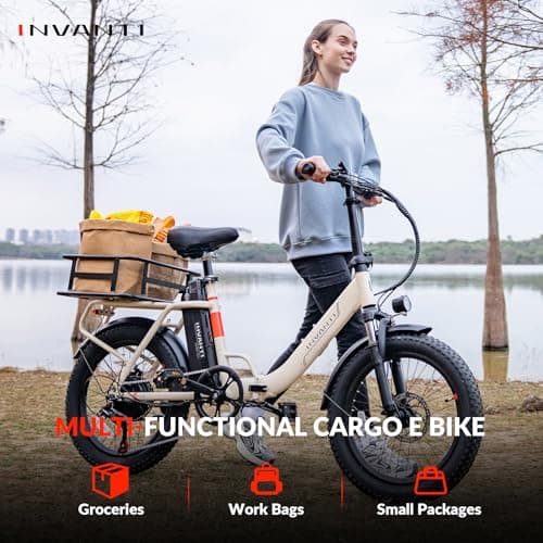 INVANTI Foldable Electric Bike, 1000W Peak Motor Ebikes for Adults, 25MPH Top Speed 45Miles, 20" Step-Thru Fat Tire E-Bike for All Terrains with Rear Rack, Front Suspension Commuting Bicycle, Black 7