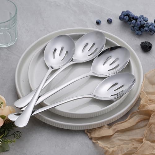 E-far Large Serving Slotted Spoons Set of 4, 9.8 Inch Stainless Steel Serving Utensils Set, Big Buffet Spoons for Party Catering Wedding Kitchen Restaurant, Dishwasher Safe 5