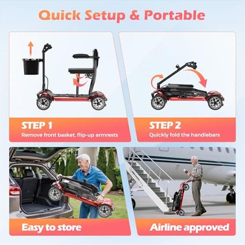Lightweight Mobility Scooter for Seniors & Adults - Cruise & Airport Approved, 43lb Foldable Portable Motorized Scooters with Removable Lithium Battery for 12.4 Miles Travel, 300lb Capacity, Red 6