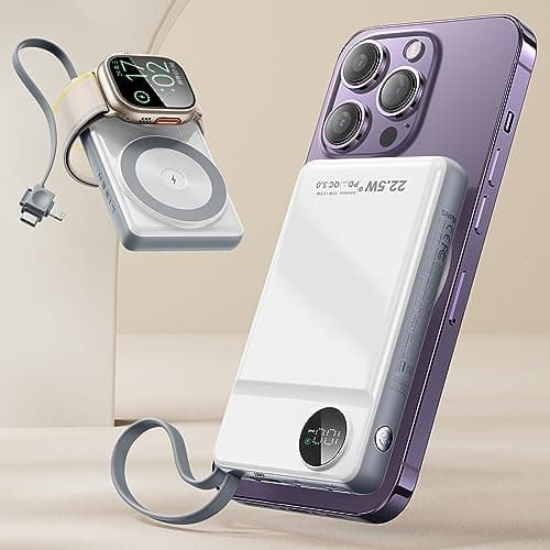 LISEN Magsafe Power Bank for iPhone [22.5W Built-in Cable] Magnetic Phone Charger 10000mAh Portable Wireless Power Bank Fast Charging for Apple Magsafe Battery Pack Fits iPhone/Watch/iPad All