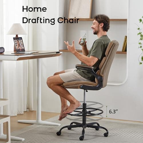 Drafting Chair Tall Office Chair with Padded Flip-up Armrests Executive Ergonomic Computer Standing Desk Chair with Comfortable Leather Backrest and Adjustable Footrest Ring (Tan) 5